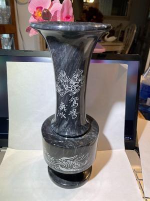 Vintage Very Heavy Large Asian Black Onyx Marble Stone Vase Hand Etched 11" Tall in VG Preowned Condition.