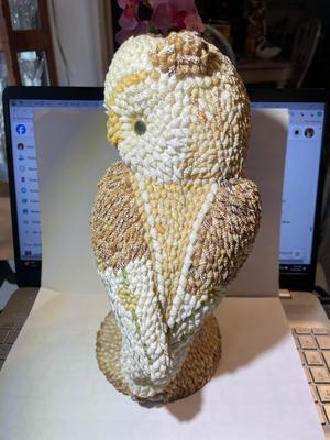 Vintage Handcrafted Seashell Owl Figurine 11” Tall in Good Condition as Pictured.