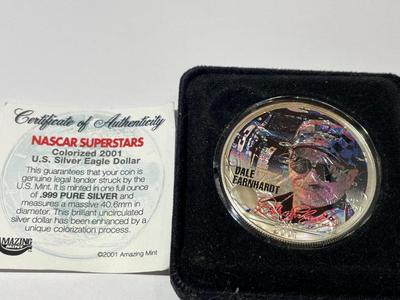 2001 NASCAR SUPERSTARS DALE EARNHARDT SR COLORIZED .999 1 OZ SILVER EAGLE w/COA AS PICTURED.