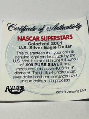 2001 NASCAR SUPERSTARS DALE EARNHARDT SR COLORIZED .999 1 OZ SILVER EAGLE w/COA AS PICTURED.