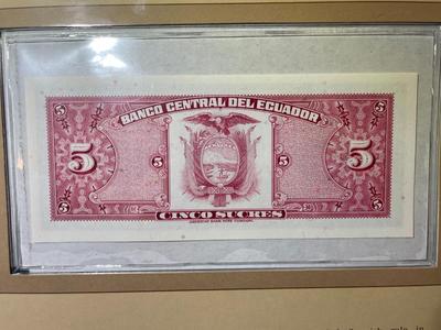 Ecuador 5 Sucres 1982 Banknote/Currency in Uncirculated Condition by Fleetwood as Pictured.