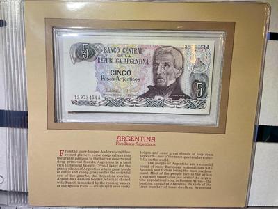 Argentina 5 Pesos/Argentinos Banknote/Currency in Uncirculated Condition by Fleetwood as Pictured.