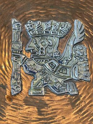 VINTAGE PERUVIAN COPPER & STERLING SILVER 5-7/8" DECOR PLATE AS PICTURED.