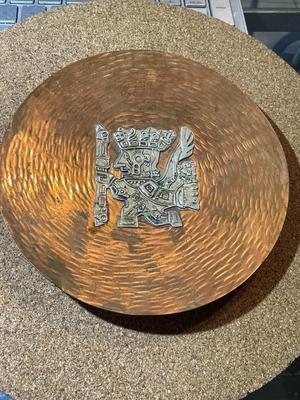 VINTAGE PERUVIAN COPPER & STERLING SILVER 5-7/8" DECOR PLATE AS PICTURED.