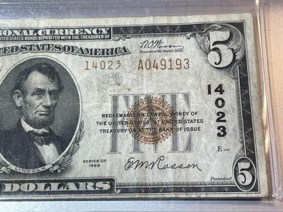 Scarce $5 National Currency 1929 "Kingston Pennsylvania" Charter-14023 in Fine/VF Condition as Pictured.