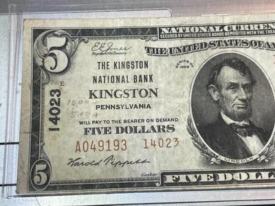 Scarce $5 National Currency 1929 "Kingston Pennsylvania" Charter-14023 in Fine/VF Condition as Pictured.