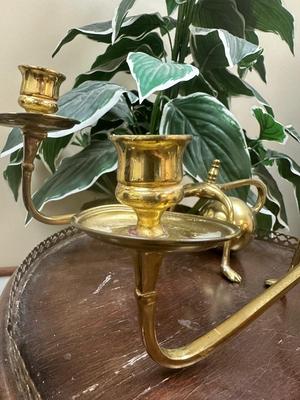 WAS Benson (style of) A Pair of Brass Arts & Crafts Piano Candle Holders