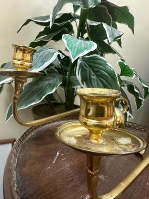 WAS Benson (style of) A Pair of Brass Arts & Crafts Piano Candle Holders