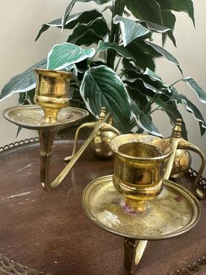 WAS Benson (style of) A Pair of Brass Arts & Crafts Piano Candle Holders