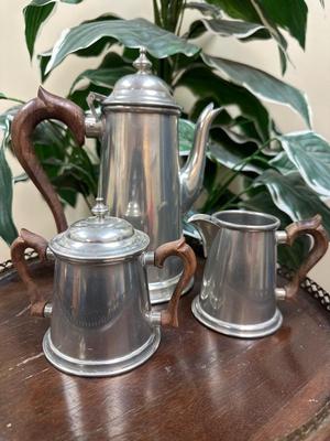 Stieff Pewter Coffee Tea Set Wood Handles Creamer Sugar