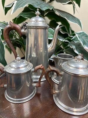 Stieff Pewter Coffee Tea Set Wood Handles Creamer Sugar