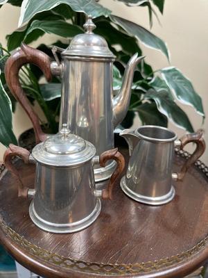 Stieff Pewter Coffee Tea Set Wood Handles Creamer Sugar