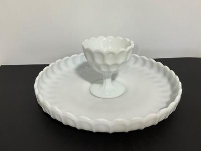 Vintage Fenton Milk Glass Set, platter and dip cup