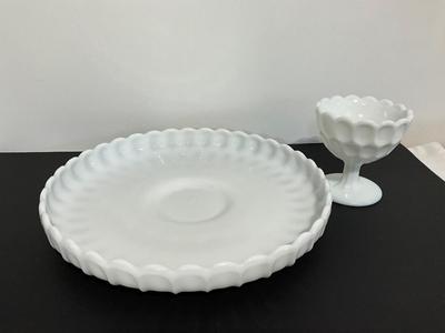 Vintage Fenton Milk Glass Set, platter and dip cup