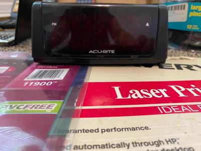 ACURITE ALARM CLOCK, AND A VARIETY OF OFFICE SUPPLIES