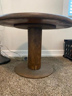 ANTIQUE DESK CHAIR, OTT-LITE AND NEAT LITTLE HOMEMADE SPOOL TABLE