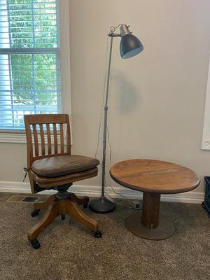 ANTIQUE DESK CHAIR, OTT-LITE AND NEAT LITTLE HOMEMADE SPOOL TABLE