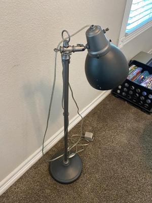 ANTIQUE DESK CHAIR, OTT-LITE AND NEAT LITTLE HOMEMADE SPOOL TABLE