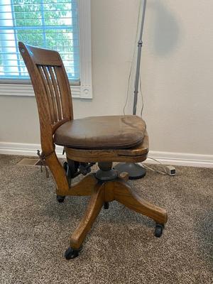 ANTIQUE DESK CHAIR, OTT-LITE AND NEAT LITTLE HOMEMADE SPOOL TABLE
