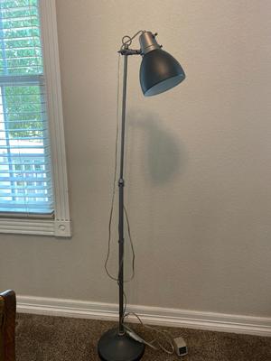 ANTIQUE DESK CHAIR, OTT-LITE AND NEAT LITTLE HOMEMADE SPOOL TABLE