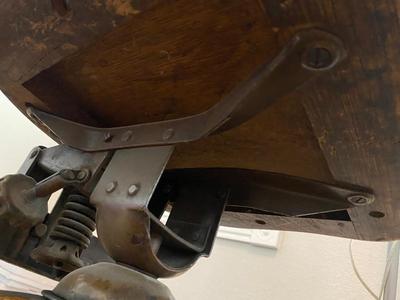 ANTIQUE DESK CHAIR, OTT-LITE AND NEAT LITTLE HOMEMADE SPOOL TABLE