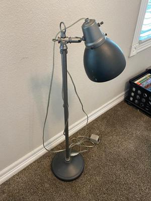 ANTIQUE DESK CHAIR, OTT-LITE AND NEAT LITTLE HOMEMADE SPOOL TABLE