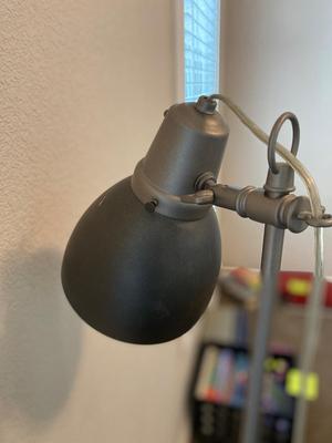 ANTIQUE DESK CHAIR, OTT-LITE AND NEAT LITTLE HOMEMADE SPOOL TABLE