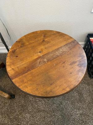 ANTIQUE DESK CHAIR, OTT-LITE AND NEAT LITTLE HOMEMADE SPOOL TABLE
