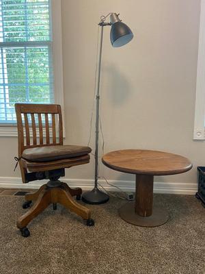 ANTIQUE DESK CHAIR, OTT-LITE AND NEAT LITTLE HOMEMADE SPOOL TABLE