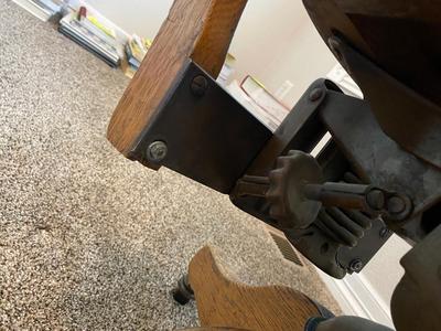 ANTIQUE DESK CHAIR, OTT-LITE AND NEAT LITTLE HOMEMADE SPOOL TABLE