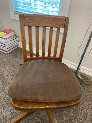ANTIQUE DESK CHAIR, OTT-LITE AND NEAT LITTLE HOMEMADE SPOOL TABLE