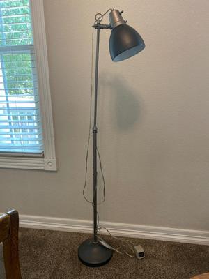 ANTIQUE DESK CHAIR, OTT-LITE AND NEAT LITTLE HOMEMADE SPOOL TABLE