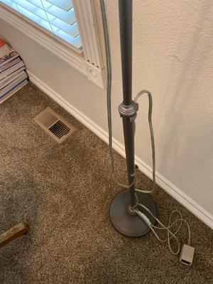 ANTIQUE DESK CHAIR, OTT-LITE AND NEAT LITTLE HOMEMADE SPOOL TABLE