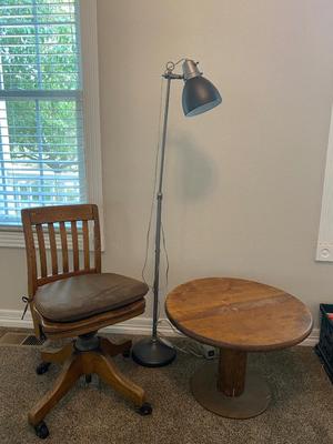 ANTIQUE DESK CHAIR, OTT-LITE AND NEAT LITTLE HOMEMADE SPOOL TABLE