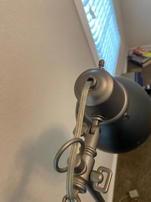ANTIQUE DESK CHAIR, OTT-LITE AND NEAT LITTLE HOMEMADE SPOOL TABLE
