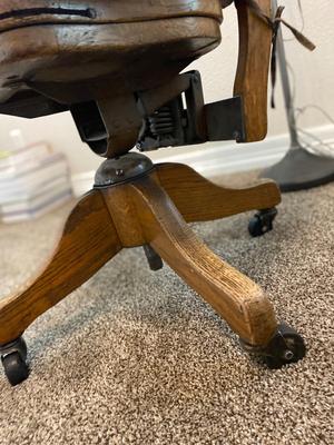 ANTIQUE DESK CHAIR, OTT-LITE AND NEAT LITTLE HOMEMADE SPOOL TABLE