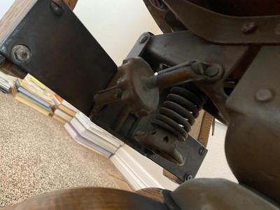 ANTIQUE DESK CHAIR, OTT-LITE AND NEAT LITTLE HOMEMADE SPOOL TABLE