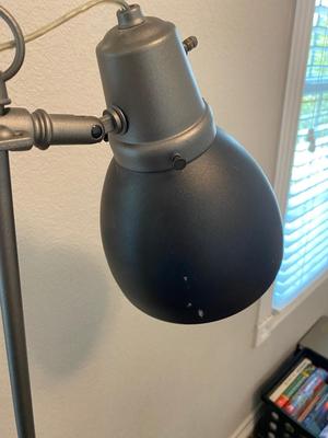 ANTIQUE DESK CHAIR, OTT-LITE AND NEAT LITTLE HOMEMADE SPOOL TABLE
