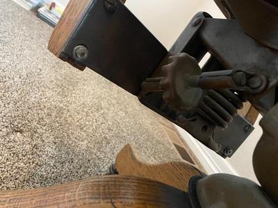ANTIQUE DESK CHAIR, OTT-LITE AND NEAT LITTLE HOMEMADE SPOOL TABLE