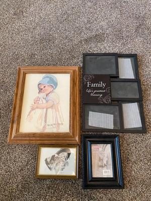 BEAUTIFULLY EMBROIDERED ARTWORK, ADORABLE PRINT OF BOY AND HIS DOG AND PICTURE FRAMES