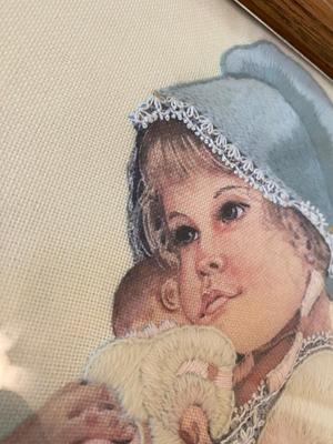 BEAUTIFULLY EMBROIDERED ARTWORK, ADORABLE PRINT OF BOY AND HIS DOG AND PICTURE FRAMES