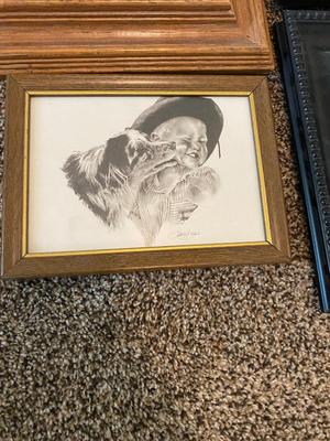 BEAUTIFULLY EMBROIDERED ARTWORK, ADORABLE PRINT OF BOY AND HIS DOG AND PICTURE FRAMES
