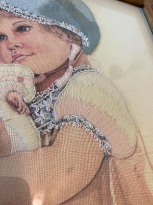 BEAUTIFULLY EMBROIDERED ARTWORK, ADORABLE PRINT OF BOY AND HIS DOG AND PICTURE FRAMES