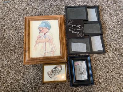 BEAUTIFULLY EMBROIDERED ARTWORK, ADORABLE PRINT OF BOY AND HIS DOG AND PICTURE FRAMES