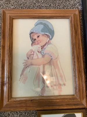 BEAUTIFULLY EMBROIDERED ARTWORK, ADORABLE PRINT OF BOY AND HIS DOG AND PICTURE FRAMES
