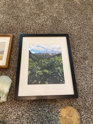 2 STONE HORSE HEAD BOOK ENDS AND FRAMED PICTURES