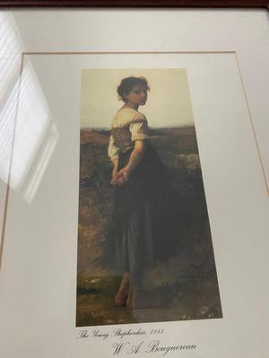 2 PRINTS BY WILLIAM ADOLPH BOUGUEREA and LITTLE AMISH GIRL WITH ROOSTER FRAMED PRINT