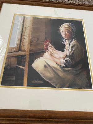 2 PRINTS BY WILLIAM ADOLPH BOUGUEREA and LITTLE AMISH GIRL WITH ROOSTER FRAMED PRINT