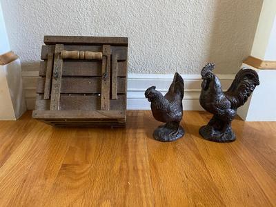 ROOSTER AND HEN FIGURINES AND NEAT LITTLE WOODEN BOX