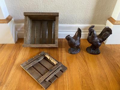 ROOSTER AND HEN FIGURINES AND NEAT LITTLE WOODEN BOX